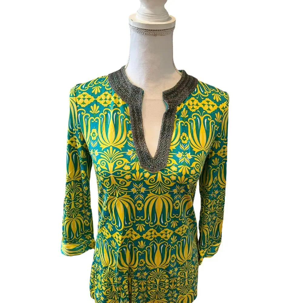 Tory Burch Silk Tunic Top Beaded Embellished neckline Green Yellow XS